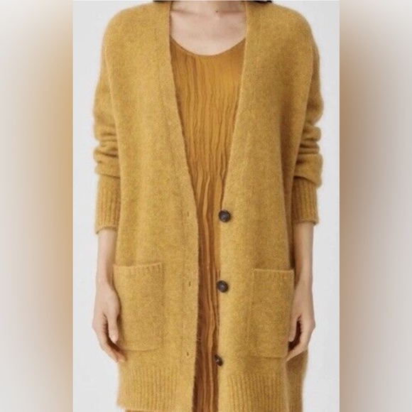 NWT $398 Eileen Fisher Mohair Wool V Neck Cardigan Sweater Burnished Gold Medium - Picture 2 of 10